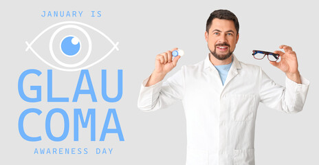 Banner for Glaucoma Awareness Day with doctor on light background