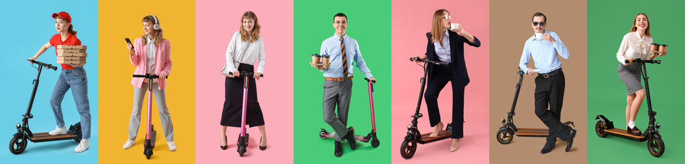 Collage of business people and courier with electric kick scooter on color background
