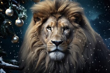 Fototapeta premium Very beautiful lion close-up, Christmas, snow, moon stars, garland, Christmas tree with generative ai