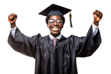 Happy black man graduating student celebrating Graduation isolated on transparent background.