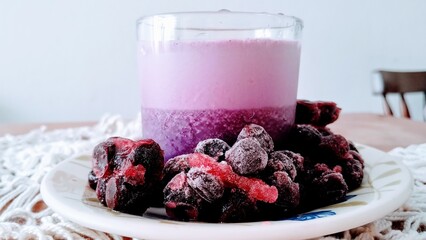 Blueberry smoothie on the table 