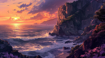 A coastal cliffside at dusk, waves sparkling below, an orange-purple sky.