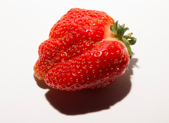 Giant ugly strawberries on a white background. Dessert is a mutant.