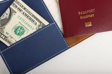 Leather passport wallet in blue colors. Concept shot, top view. Custom background, Vacation and...