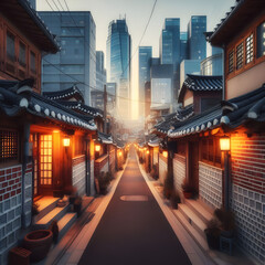 The exquisite harmony of contemporary and past architecture with the traditional Korean house, tile-roofed house, and friendly alleyways in the center. Generative AI