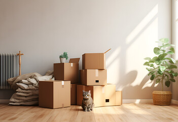 Moving to new home, donation concept. Stack of cardboard boxes and cat sitting in empty cardboard box inside the room