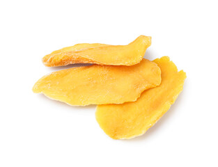 Slices of tasty dried mango on white background