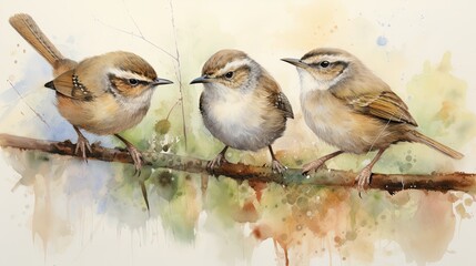 Three wrens side by side on a tree branch