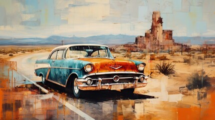 Abstract painting Oil painting of a 50s car driving down route 66 on canvas   - obrazy, fototapety, plakaty