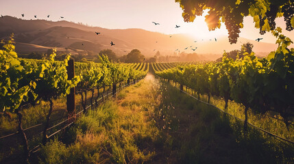 A picturesque vineyard at sunrise, with rows of grapevines stretching into the distance, the early...