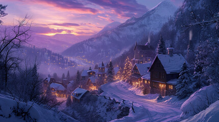 A quaint village nestled in a wintry valley at dusk, soft lights glowing from snow-covered homes, a purple-pink sky overhead.