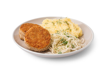 Plate of tasty meat cutlets with mashed potatoes and salad on white background