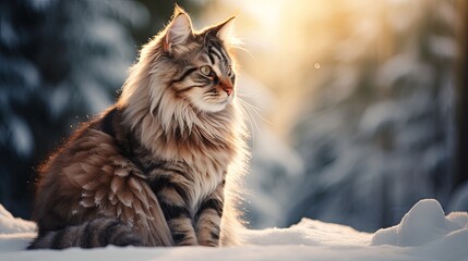 Norwegian Forest Cat in a Snowy Setting - obrazy, fototapety, plakaty