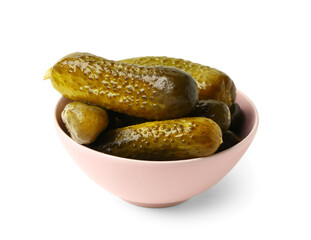 Bowl with delicious fermented cucumbers on white background