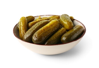 Bowl with delicious fermented cucumbers on white background
