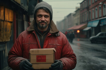 A happy men delivery person, dressed in the company's uniform, is seen at a customer's doorstep, collecting a laundry bag.