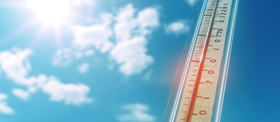 low angle view of Thermometer on blue sky with sun shining in summer showing increasing temperature