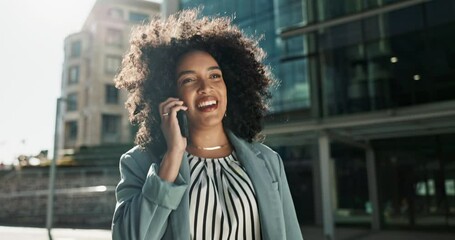 City, walking and business with woman, phone call and connection with conversation, talking and morning. Urban town, person or employee with a smartphone, outdoor or communication with network or app