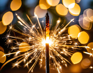 Sparkling sparkler held in hand. Close-Up. Macro Shot. Bokeh. Happy New Year. New Year's Eve. New Year's wishes. Festive occasion. Celebrate together. Sparks and fireworks. Celebration. 