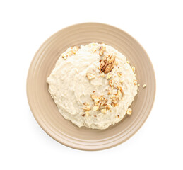 Plate of tasty baba ghanoush on white background