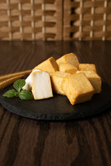 Fired TOFU on the wood table Asian Chinese Japanese theme