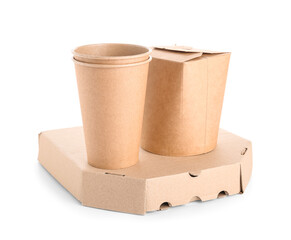 Takeaway paper cups and boxes on white background