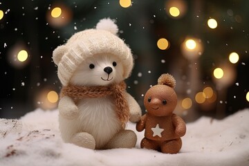 Very cute little snowman and teddy bear close up, christmas, snow, moon stars, garland, tree with generative ai