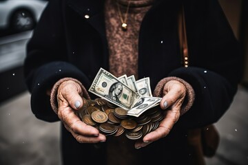 An elderly man holds out money, pennies. Senior man