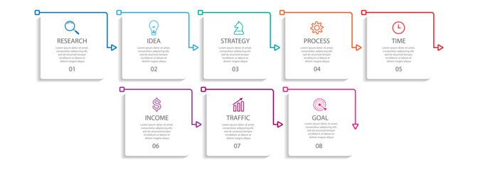 simple infographic design with 8 parts or steps, interconnected square shapes with thin colored lines, for flow diagrams, banners or your business presentation