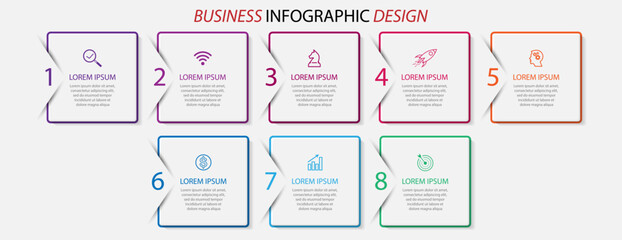 simple infographic design with 8 parts or steps, interconnected square shapes with thin colored lines, for flow diagrams, banners or your business presentation