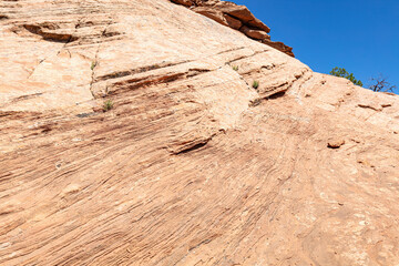 Closeup of the red sandstone hillside in the arid, dry, desert landscape of Utah in spring showing...