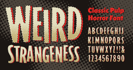 Weird Strangeness: A wiggly-edged alphabet in the style of 1940s and 1950s pulp comic fiction booklets. - obrazy, fototapety, plakaty