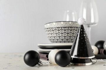 Decorated Christmas table setting on white background