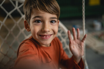 Obraz premium One boy caucasian child seven years old kid at home schoolboy portrait