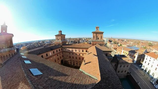 Splendid panorama of Ferrara, Italy from the tower of Ferrara Castle. Estense castle dates back to 1385, when it was erected by the Este dynasty, the long-time lords of city and Duchy of Ferrara.