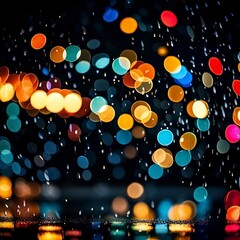 Multicolor bokeh, raining light, blurry lights, blurry background, rainbow confettis on a black background, colorful, night lights, city lights, haze,