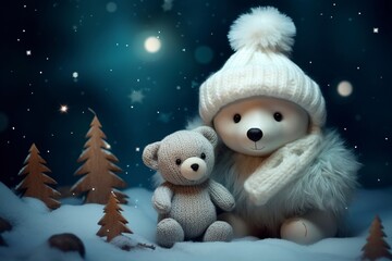 Very cute little snowman and teddy bear close up, christmas, snow, moon stars, garland, tree with generative ai