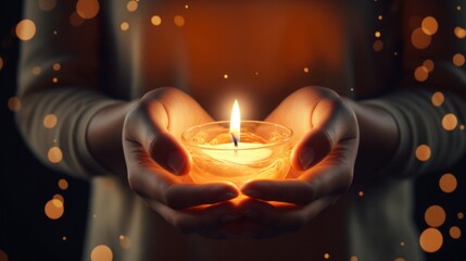 Person holding lit candle with warm light and bokeh. Calmness and tranquility.