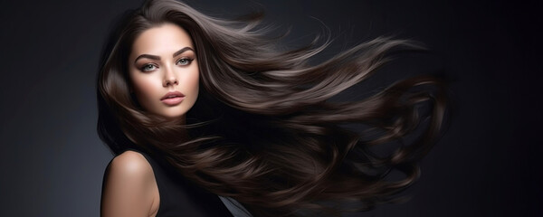 Young stunning woman with healthy long brunette hair. Glossy wavy beautiful hair. Hair salon banner - obrazy, fototapety, plakaty