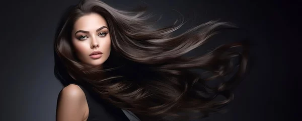 Deurstickers Young stunning woman with healthy long brunette hair. Glossy wavy beautiful hair. Hair salon banner © LiliGraphie
