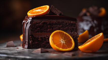 a slice f dark chocolate cake with orange slices