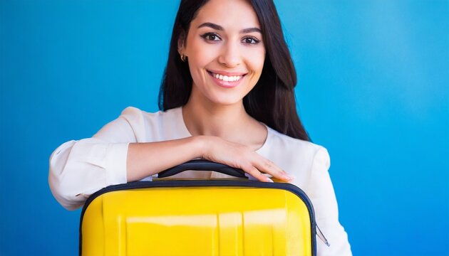 Smiling modern woman with yellow suitcase on blue background. Travel concept