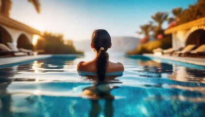 Luxury swimming pool spa resort travel honeymoon destination woman relaxing in infinity pool at hotel nature background summer holiday.  - obrazy, fototapety, plakaty