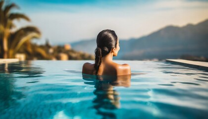 Luxury swimming pool spa resort travel honeymoon destination woman relaxing in infinity pool at hotel nature background summer holiday. - obrazy, fototapety, plakaty