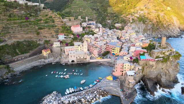 Drone image of mountain town of Vernazza in Cinque Terre, Italy