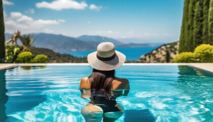 Luxury swimming pool spa resort travel honeymoon destination woman relaxing in infinity pool at...