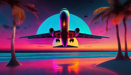 Synthwave retro cyberpunk style travel concept with airplane shadow and beach
