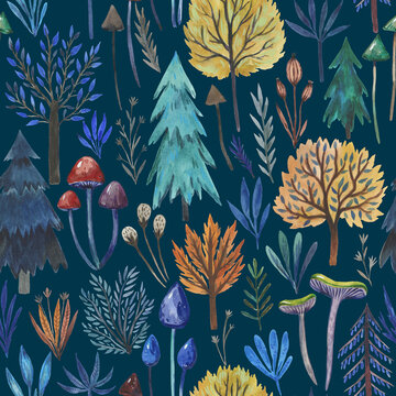 Seamless pattern with fairy forest watercolor elements. Cute seamless print with hand-drawn trees, mushrooms and plants.