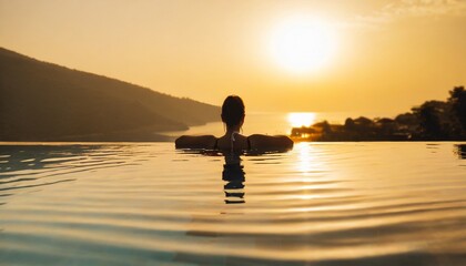 Luxury swimming pool spa resort travel honeymoon destination woman relaxing in infinity pool at hotel nature background summer holiday.