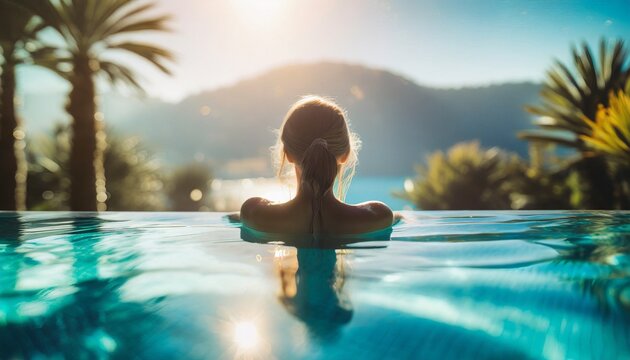 Luxury swimming pool spa resort travel honeymoon destination woman relaxing in infinity pool at hotel nature background summer holiday.